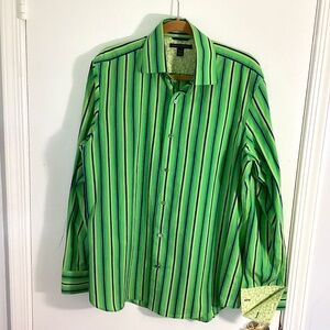 BANANA REPUBLIC MEN DRESS SHIRT SIZE L 16-161/2 GREEN NAVY STRIPES LONG …